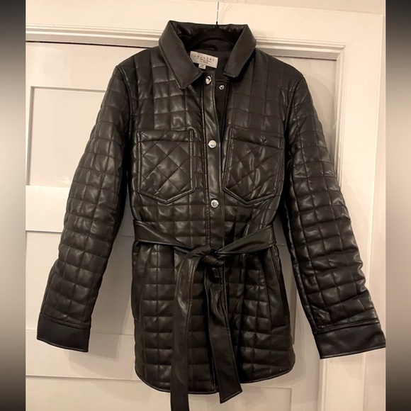 LAUNDRY Shelli Segal Quilted Belt Black Faux Leather Coat Silver Snap Large - Picture 1 of 5